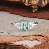 Emerald Cut Baguette Side Stones Moss Agate Engagement Ring